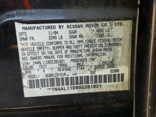 1N4AL11D85C281821 - 2005 NISSAN ALTIMA S BLACK photo 10