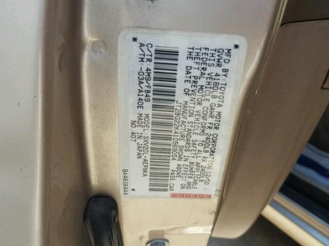 JT2BG22K410569054 - 2001 TOYOTA CAMRY CE GOLD photo 10