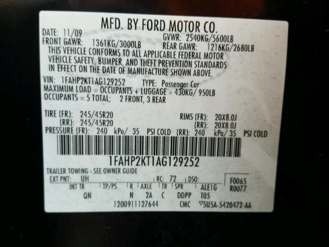 1FAHP2KT1AG129252 - 2010 FORD TAURUS SHO BLACK photo 10