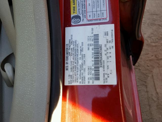 3FAHP0JA3AR256002 - 2010 FORD FUSION SEL RED photo 10