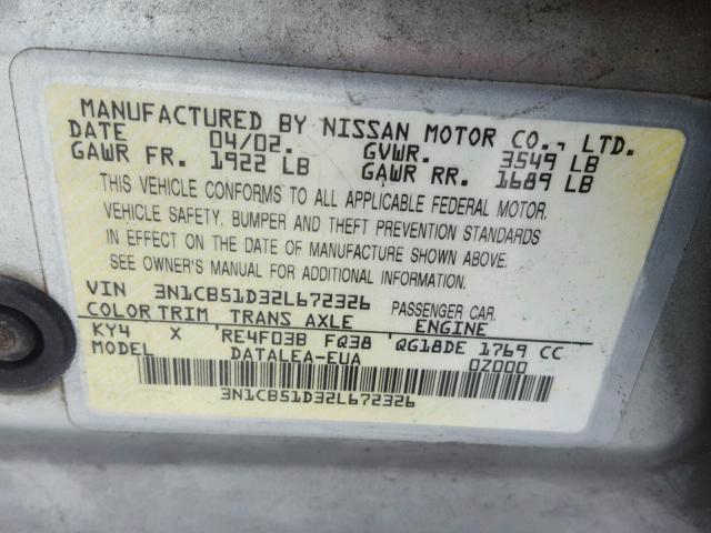 3N1CB51D32L672326 - 2002 NISSAN SENTRA XE GRAY photo 10