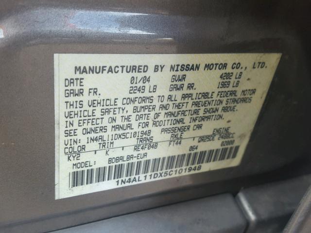 1N4AL11DX5C101948 - 2005 NISSAN ALTIMA S GRAY photo 10