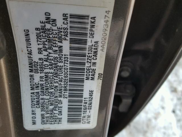 2T1BR32E63C077331 - 2003 TOYOTA COROLLA CE GRAY photo 10