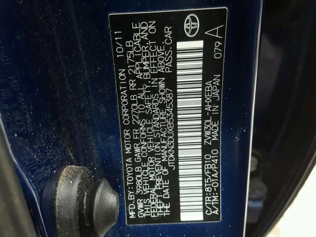 JTDKN3DUXB5345387 - 2011 TOYOTA PRIUS BLUE photo 10