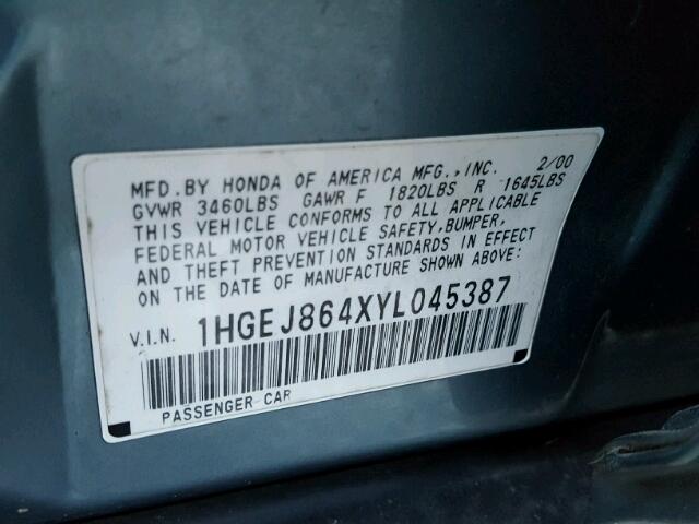 1HGEJ864XYL045387 - 2000 HONDA CIVIC EX Blau Foto 10