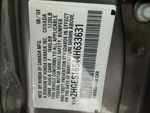 2HGES16544H633631 - 2004 HONDA CIVIC LX GRAY photo 10