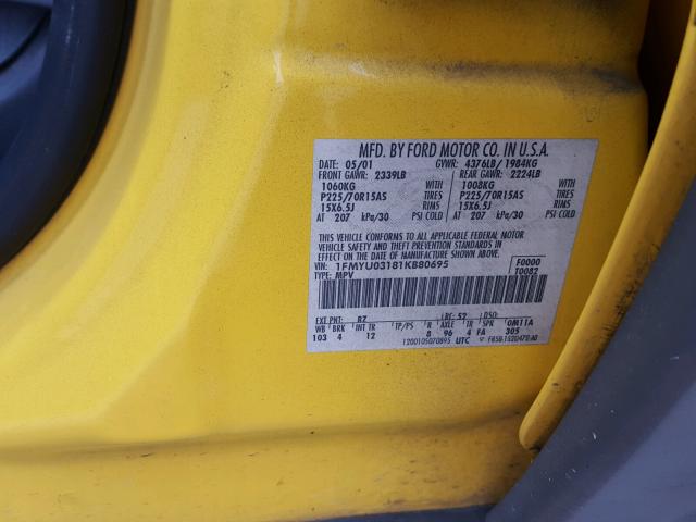 1FMYU03181KB80695 - 2001 FORD ESCAPE XLT BLACK photo 10