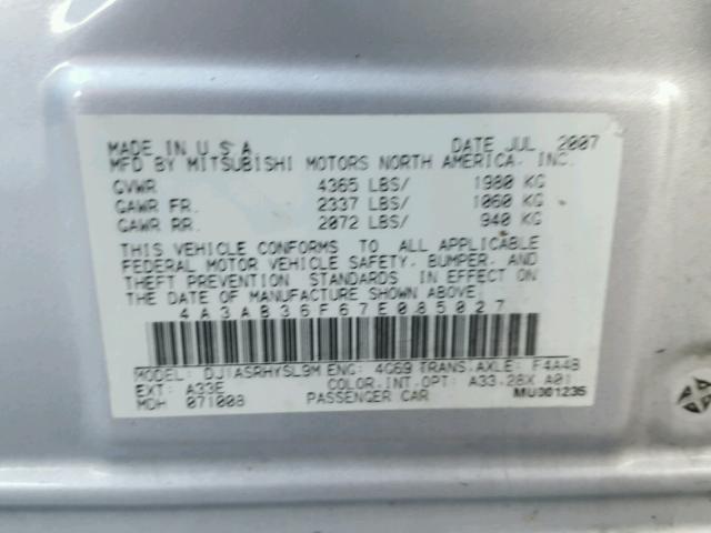 4A3AB36F67E085027 - 2007 MITSUBISHI GALANT ES SILVER photo 10