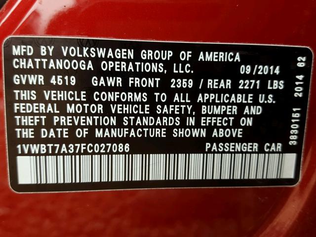 1VWBT7A37FC027086 - 2015 VOLKSWAGEN PASSAT SE RED photo 10