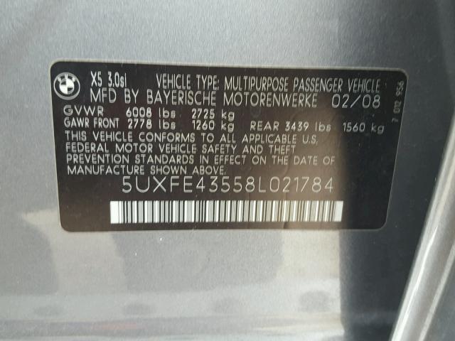 5UXFE43558L021784 - 2008 BMW X5 3.0I SILVER photo 10