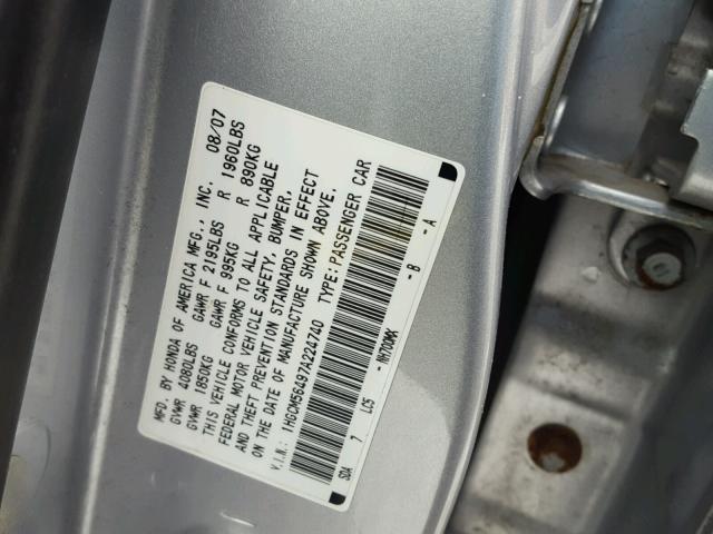 1HGCM56497A224740 - 2007 HONDA ACCORD LX GRAY photo 10