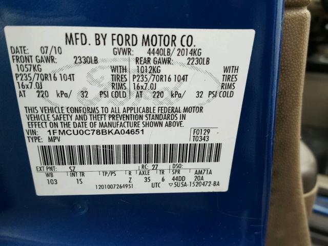 1FMCU0C78BKA04651 - 2011 FORD ESCAPE XLS WHITE photo 10