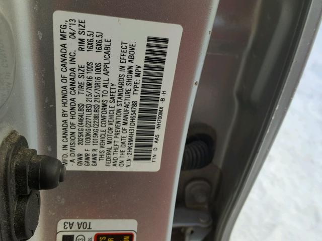 2HKRM4H31DH654788 - 2013 HONDA CR-V LX SILVER photo 10