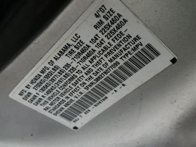 5FNRL38827B077099 - 2007 HONDA ODYSSEY TO GRAY photo 10