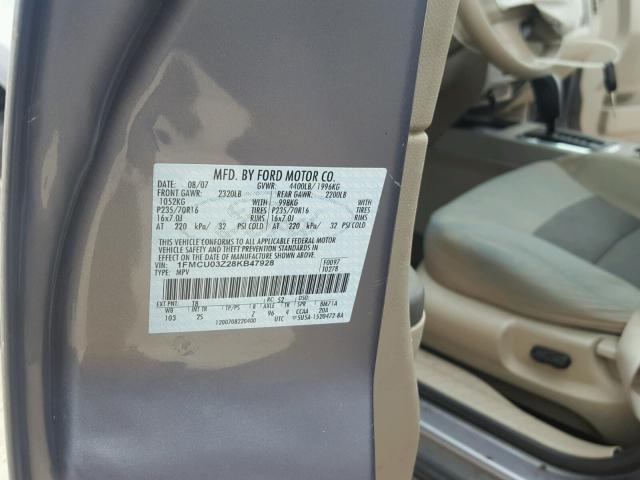 1FMCU03Z28KB47928 - 2008 FORD ESCAPE XLT SILVER photo 10