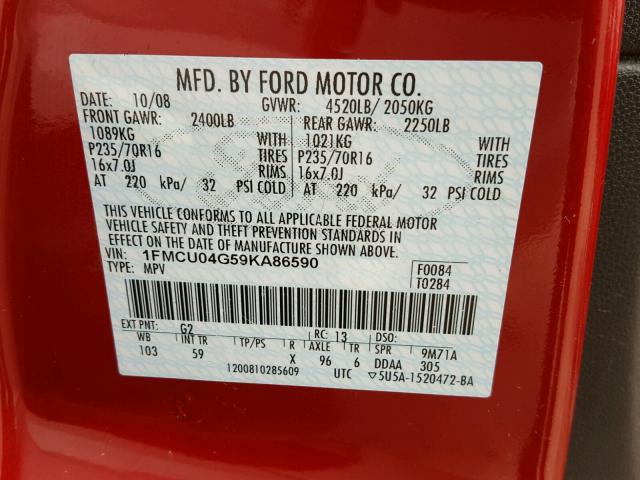 1FMCU04G59KA86590 - 2009 FORD ESCAPE LIM RED photo 10