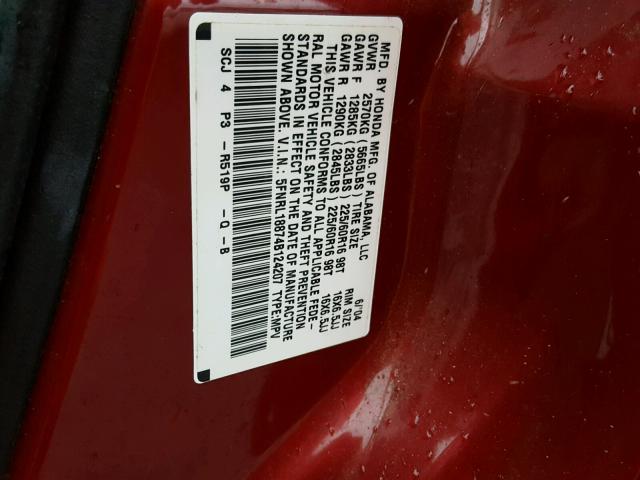 5FNRL18874B124207 - 2004 HONDA ODYSSEY EX MAROON photo 10