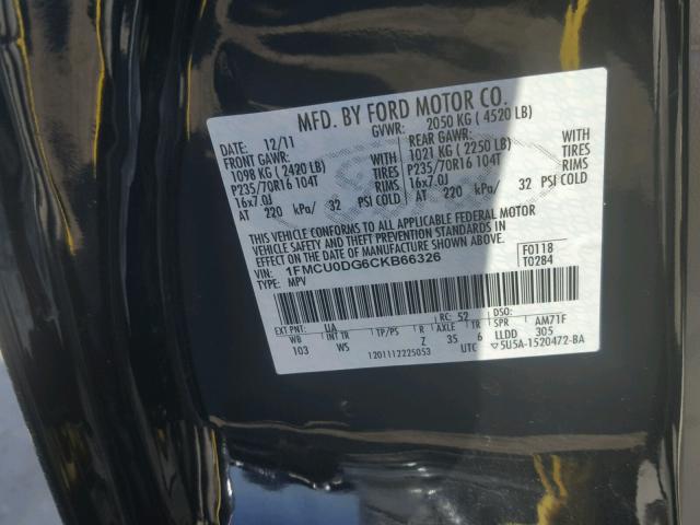 1FMCU0DG6CKB66326 - 2012 FORD ESCAPE XLT BLACK photo 10