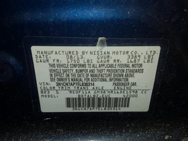 3N1CN7AP7EL830314 - 2014 NISSAN VERSA S BLUE photo 10