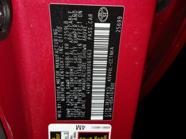 4T4BF3EK8BR087663 - 2011 TOYOTA CAMRY BASE RED photo 10