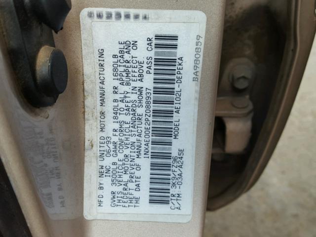 1NXAE00E2PZ088937 - 1993 TOYOTA COROLLA LE 金色 照片 10