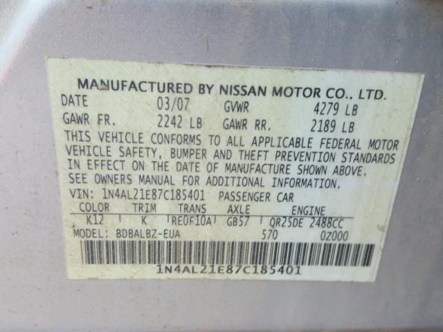 1N4AL21E87C185401 - 2007 NISSAN ALTIMA 2.5 SILVER photo 10