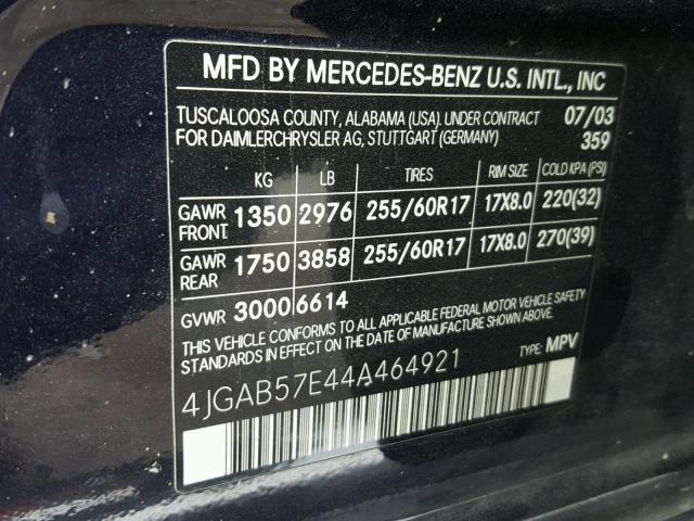 4JGAB57E44A464921 - 2004 MERCEDES-BENZ ML 350 BLUE photo 10