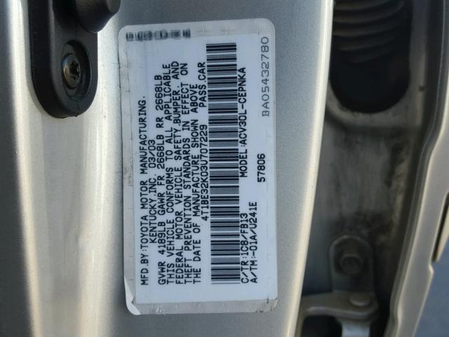 4T1BE32K03U707229 - 2003 TOYOTA CAMRY LE GRAY photo 10