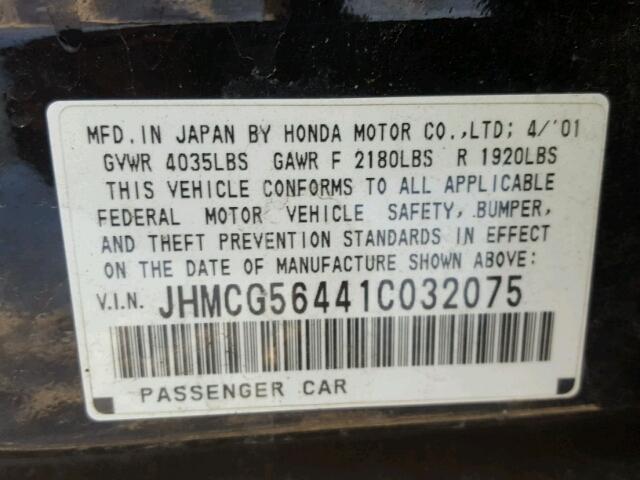 JHMCG56441C032075 - 2001 HONDA ACCORD LX BLACK photo 10