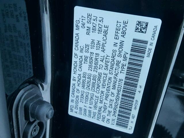 2HKRW2H50HH633176 - 2017 HONDA CR-V EX BLACK photo 10