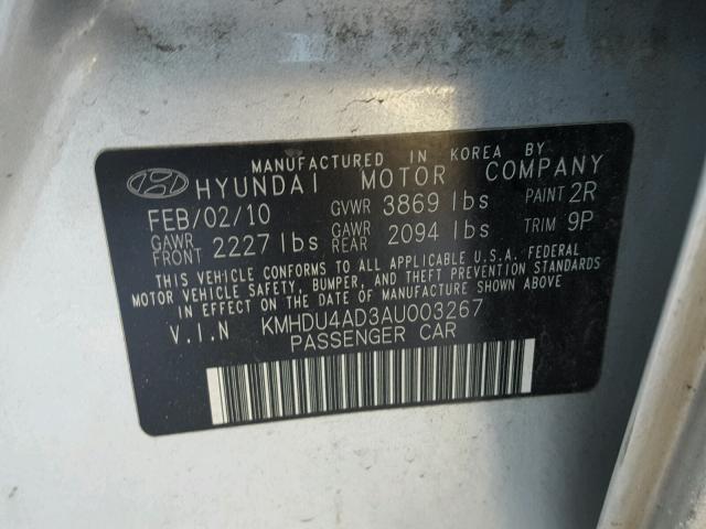 KMHDU4AD3AU003267 - 2010 HYUNDAI ELANTRA BL SILVER photo 10