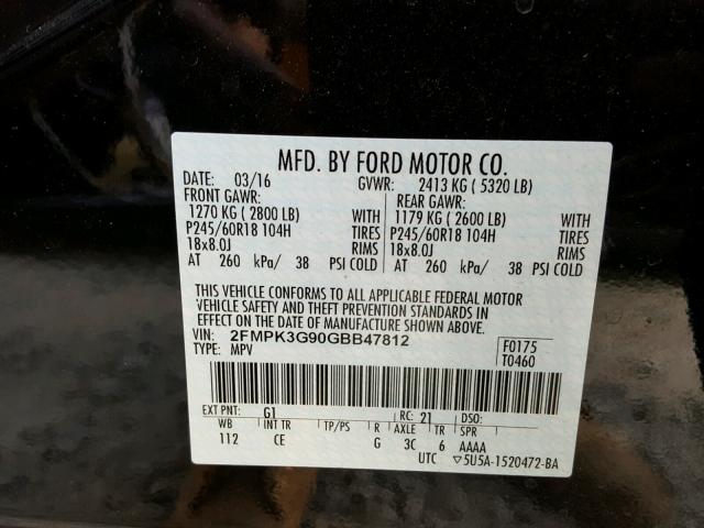 2FMPK3G90GBB47812 - 2016 FORD EDGE SE BLACK photo 10