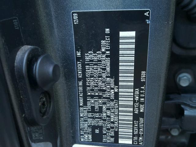 4T3BA3BB7AU010477 - 2010 TOYOTA VENZA BASE GRAY photo 10