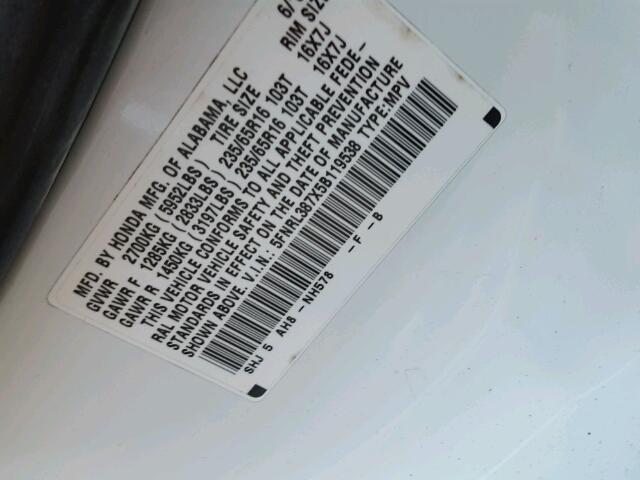 5FNRL387X5B119538 - 2005 HONDA ODYSSEY EX WHITE photo 10