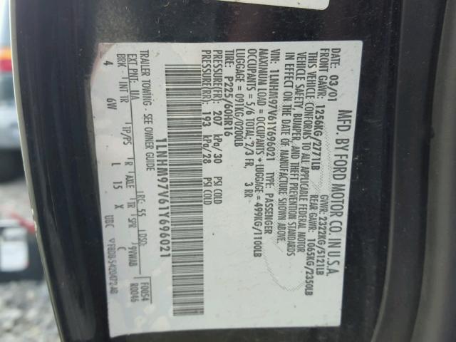 1LNHM97V61Y696021 - 2001 LINCOLN CONTINENTA BLACK photo 10