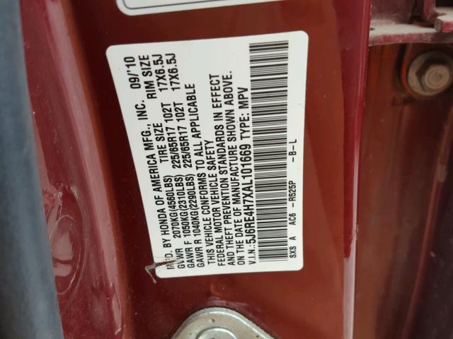 5J6RE4H7XAL101669 - 2010 HONDA CR-V EXL RED photo 10