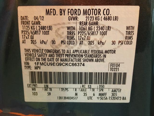 1FMCU9EG9CKC66374 - 2012 FORD ESCAPE LIM BLUE photo 10