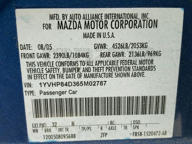 1YVHP84D365M02787 - 2006 MAZDA 6 S BLUE photo 10