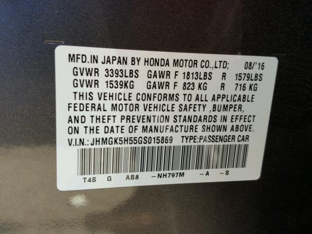 JHMGK5H55GS015869 - 2016 HONDA FIT LX GRAY photo 10