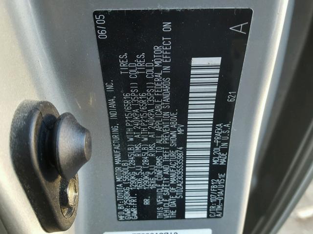 5TDZA23C95S359874 - 2005 TOYOTA SIENNA CE SILVER photo 10