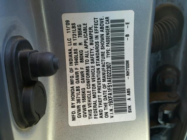 19XFA1F51AE022307 - 2010 HONDA CIVIC LX SILVER photo 10