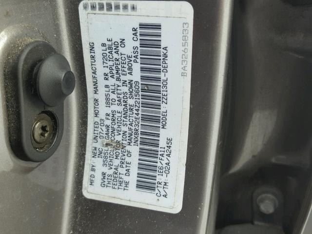 1NXBR32E44Z215609 - 2004 TOYOTA COROLLA CE CHARCOAL photo 10