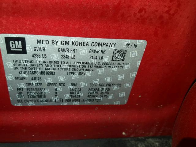 KL4CJASB0HB016983 - 2017 BUICK ENCORE PRE RED photo 10