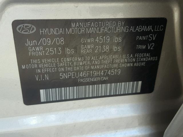 5NPEU46F19H474519 - 2009 HYUNDAI SONATA SE GOLD photo 10