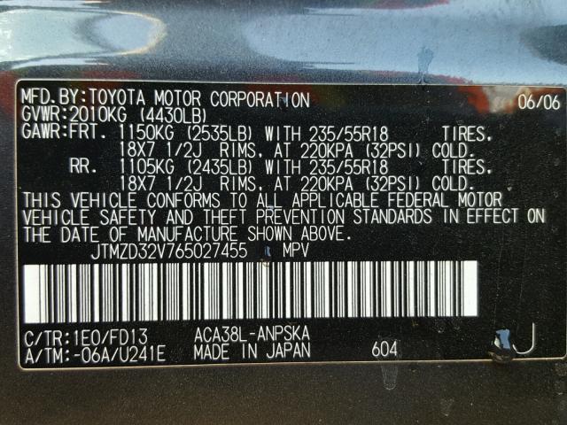 JTMZD32V765027455 - 2006 TOYOTA RAV4 SPORT GRAY photo 10