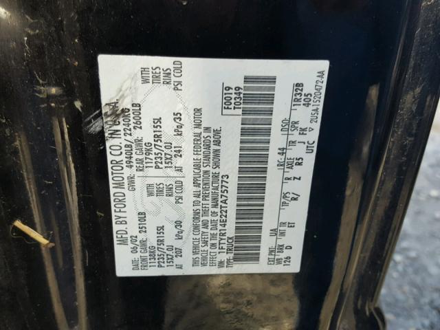 1FTYR14E22TA75773 - 2002 FORD RANGER SUP BLACK photo 10