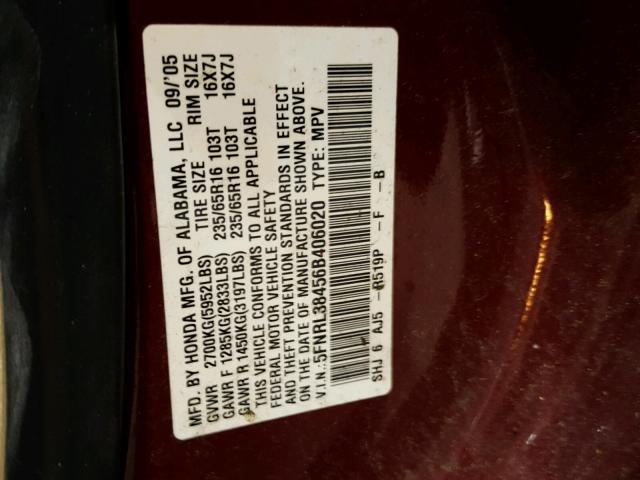 5FNRL38456B406020 - 2006 HONDA ODYSSEY EX BURGUNDY photo 10