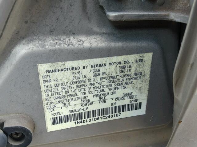 1N4DL01D61C240167 - 2001 NISSAN ALTIMA XE TAN photo 10