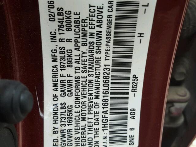 1HGFA16816L068231 - 2006 HONDA CIVIC EX წითელი ფოტო 10