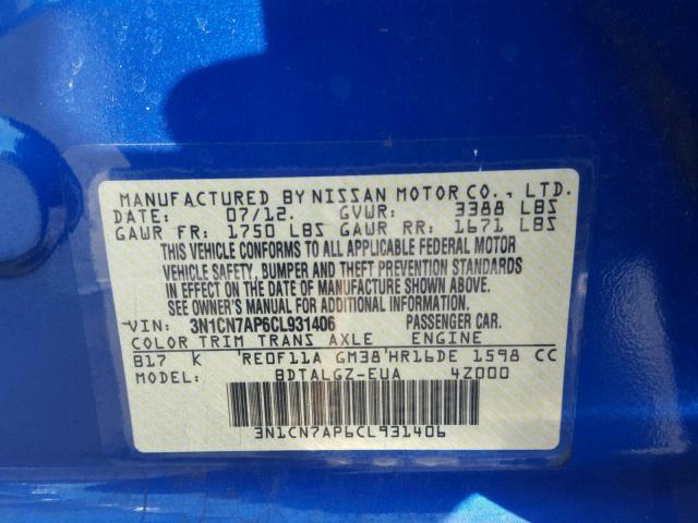 3N1CN7AP6CL931406 - 2012 NISSAN VERSA S BLUE photo 10